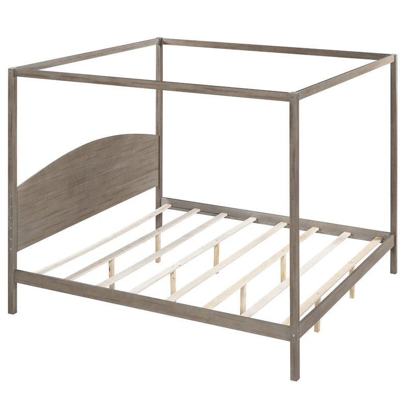 Lit plateforme à baldaquin en pin, format King, avec tête de lit classique en bois et cadre de lit rembourré ; sommier non requis, montage facile.
