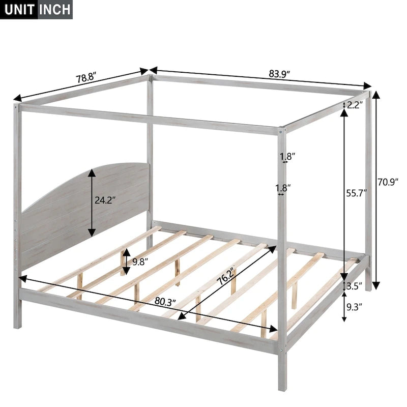 Lit plateforme à baldaquin en pin, format King, avec tête de lit classique en bois et cadre de lit rembourré ; sommier non requis, montage facile.