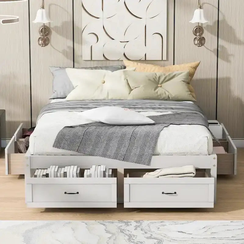 Lit plateforme Queen Size avec 6 tiroirs de rangement, blanc antique, design élégant pour une chambre bien rangée