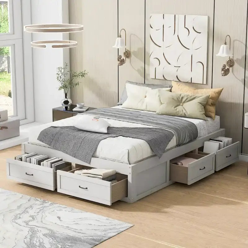 Lit plateforme Queen Size avec 6 tiroirs de rangement, blanc antique, design élégant pour une chambre bien rangée