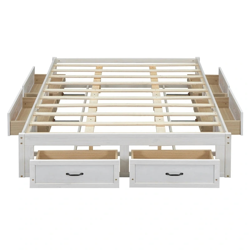 Lit plateforme Queen Size avec 6 tiroirs de rangement, blanc antique, design élégant pour une chambre bien rangée