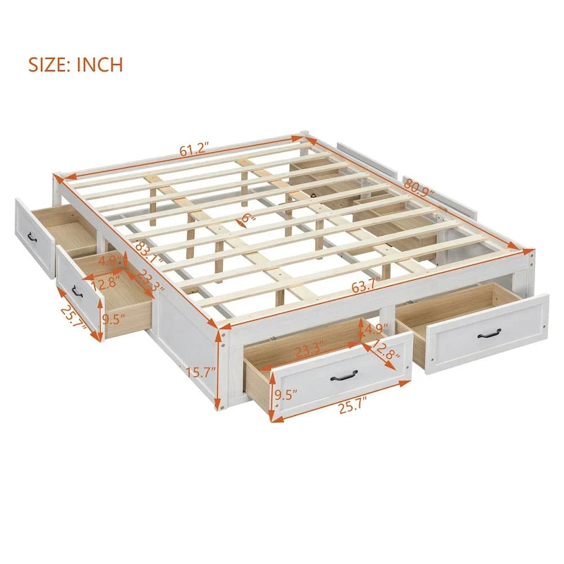 Lit plateforme Queen Size avec 6 tiroirs de rangement, blanc antique, design élégant pour une chambre bien rangée