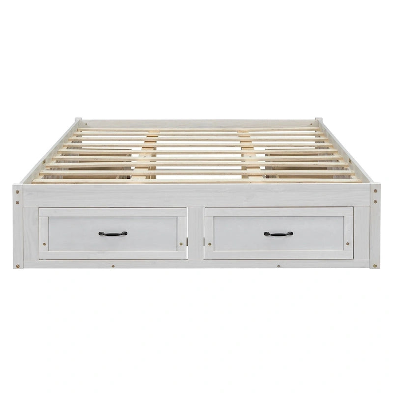 Lit plateforme Queen Size avec 6 tiroirs de rangement, blanc antique, design élégant pour une chambre bien rangée