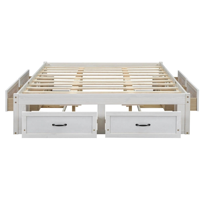Lit plateforme Queen Size avec 6 tiroirs de rangement, blanc antique, design élégant pour une chambre bien rangée