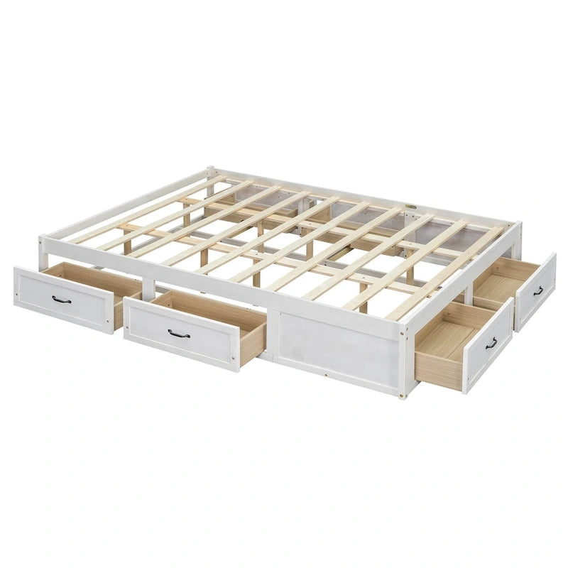 Lit plateforme Queen Size avec 6 tiroirs de rangement, blanc antique, design élégant pour une chambre bien rangée