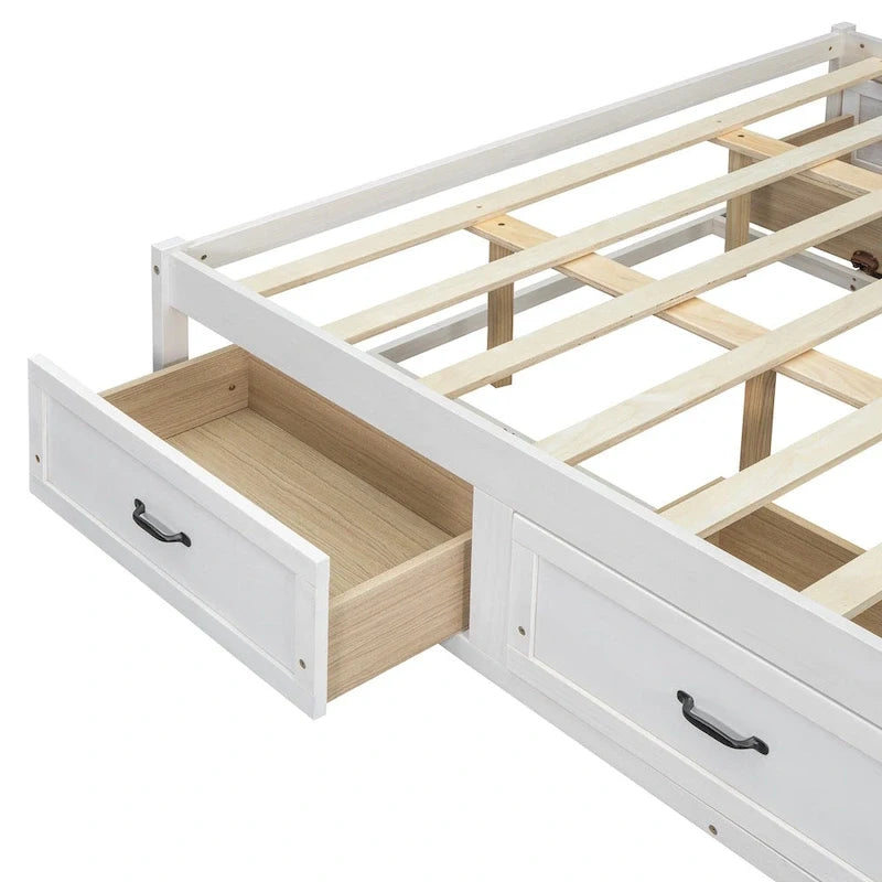 Lit plateforme Queen Size avec 6 tiroirs de rangement, blanc antique, design élégant pour une chambre bien rangée