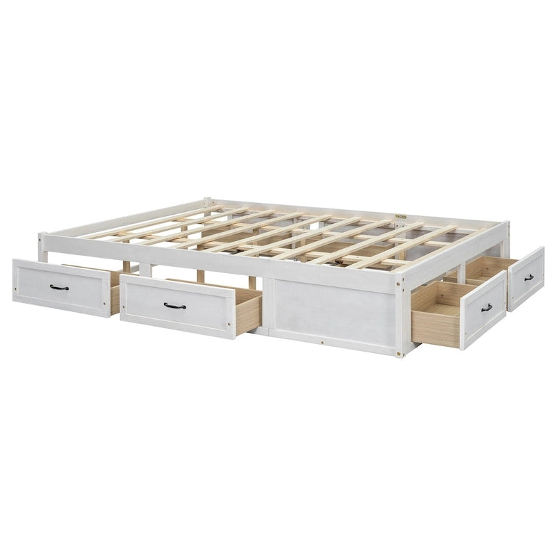 Lit plateforme Queen Size avec 6 tiroirs de rangement, blanc antique, design élégant pour une chambre bien rangée