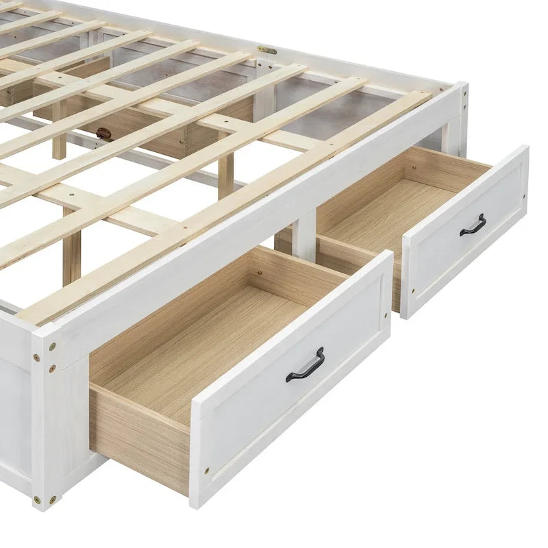 Lit plateforme Queen Size avec 6 tiroirs de rangement, blanc antique, design élégant pour une chambre bien rangée