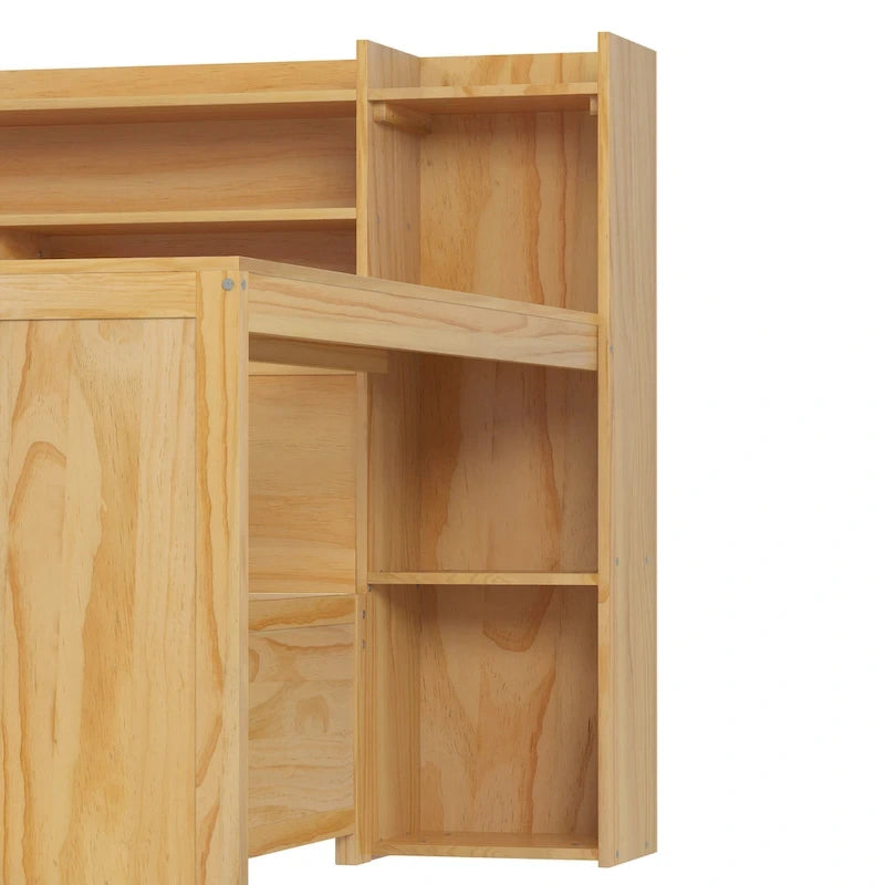 Lit de jour en bois pour une personne avec étagères de rangement, deux tiroirs et bureau, couleur naturelle