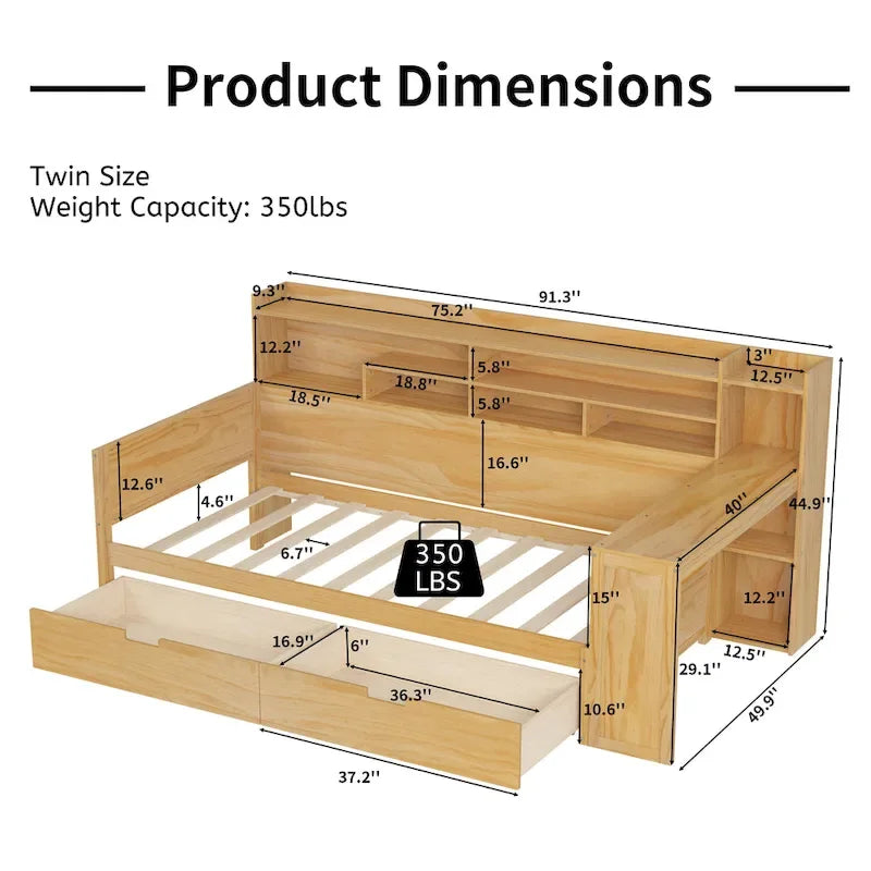 Lit de jour en bois pour une personne avec étagères de rangement, deux tiroirs et bureau, couleur naturelle