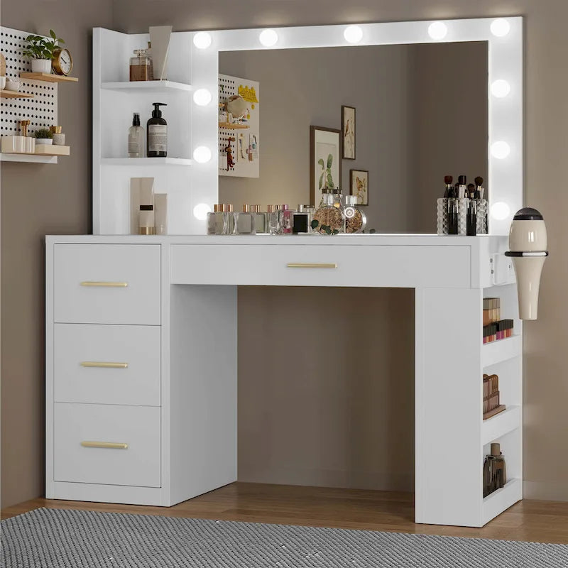 Coiffeuse Moasis 39,5 W pour chambre à coucher avec miroir, prises électriques et support pour sèche-cheveux