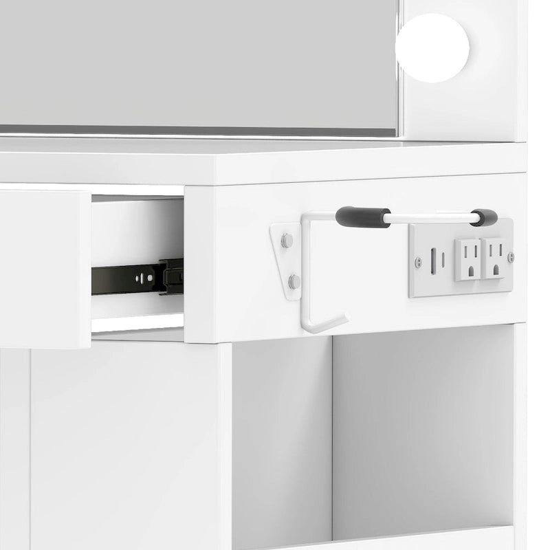 Coiffeuse Moasis 39,5 W pour chambre à coucher avec miroir, prises électriques et support pour sèche-cheveux