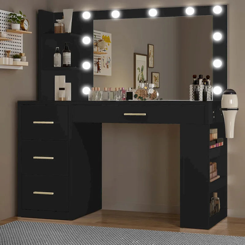 Coiffeuse Moasis 39,5 W pour chambre à coucher avec miroir, prises électriques et support pour sèche-cheveux