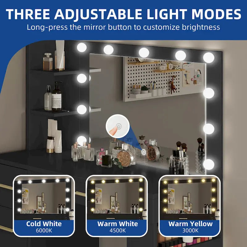 Coiffeuse Moasis 39,5 W pour chambre à coucher avec miroir, prises électriques et support pour sèche-cheveux