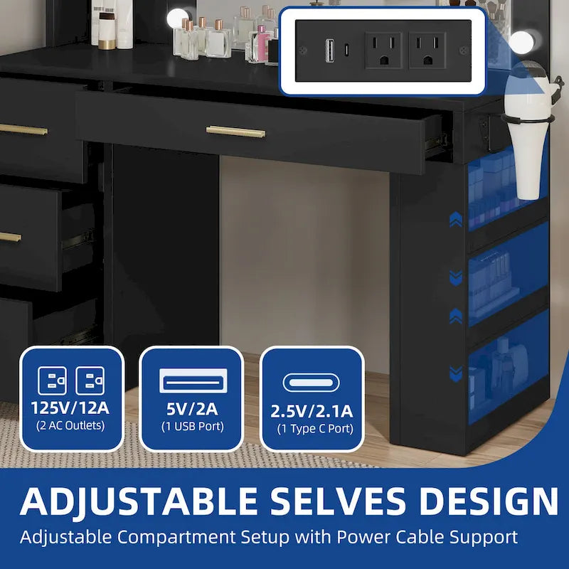 Coiffeuse Moasis 39,5 W pour chambre à coucher avec miroir, prises électriques et support pour sèche-cheveux