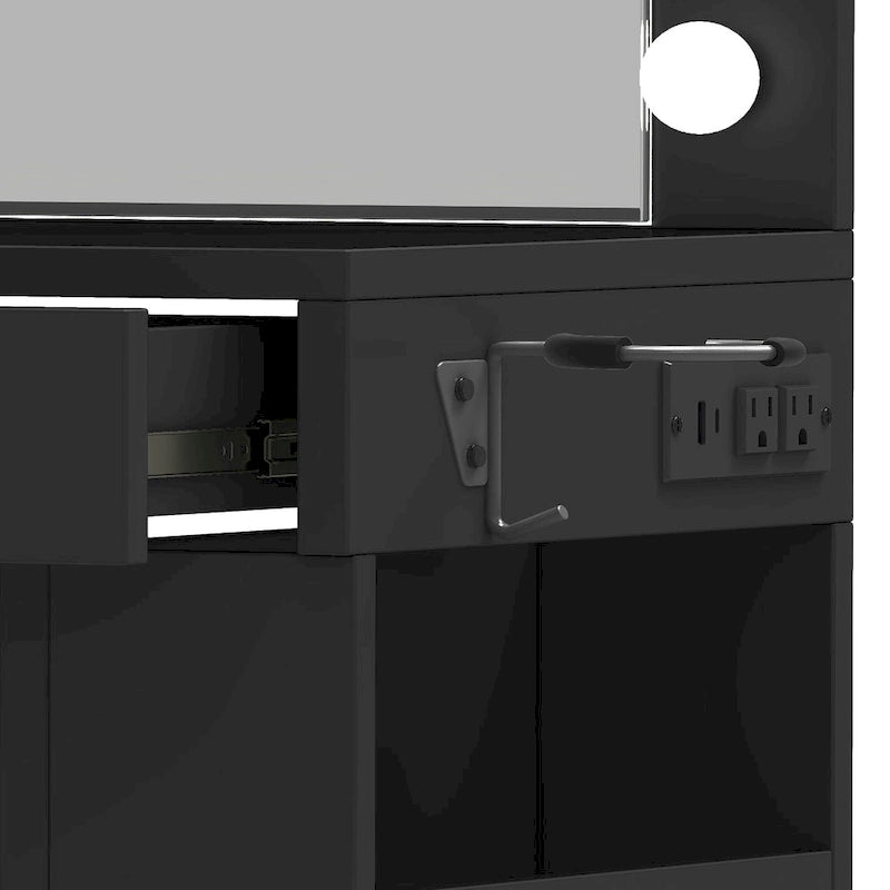 Coiffeuse Moasis 39,5 W pour chambre à coucher avec miroir, prises électriques et support pour sèche-cheveux