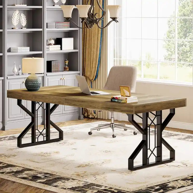 Bureau de direction de grande taille (63 pouces), bureau d'ordinateur marron rustique