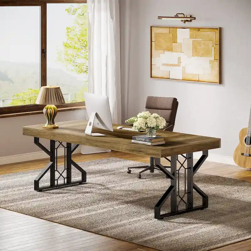 Bureau de direction de grande taille (63 pouces), bureau d'ordinateur marron rustique