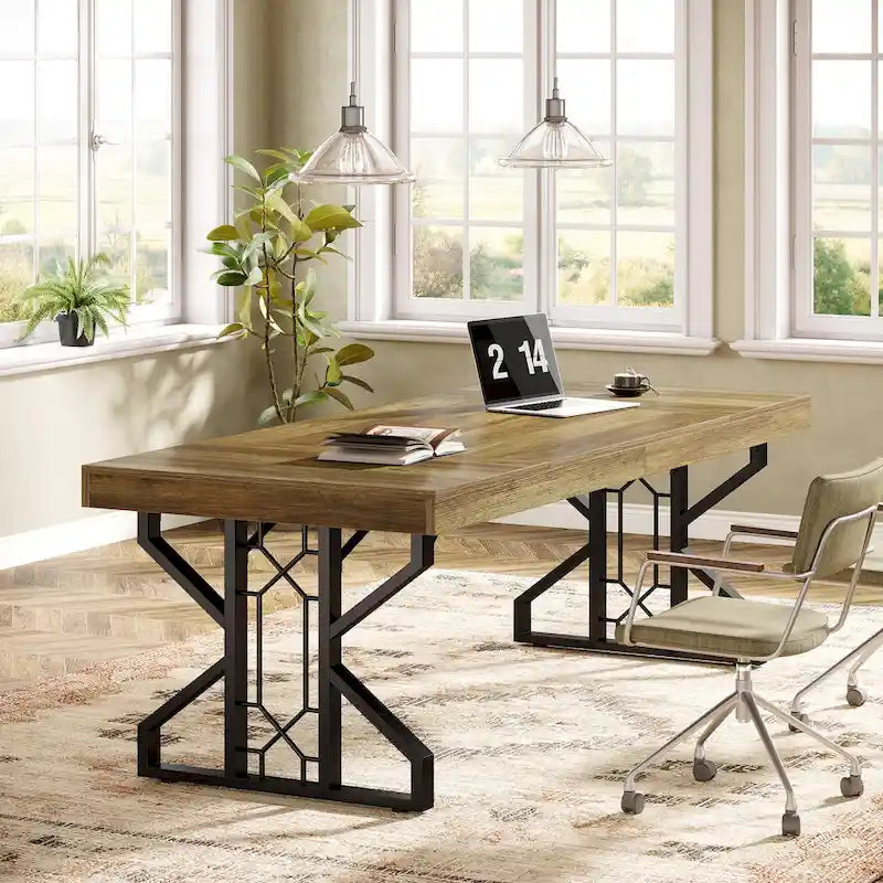 Bureau de direction de grande taille (63 pouces), bureau d'ordinateur marron rustique