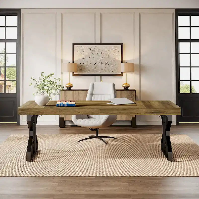Bureau de direction de grande taille (63 pouces), bureau d'ordinateur marron rustique