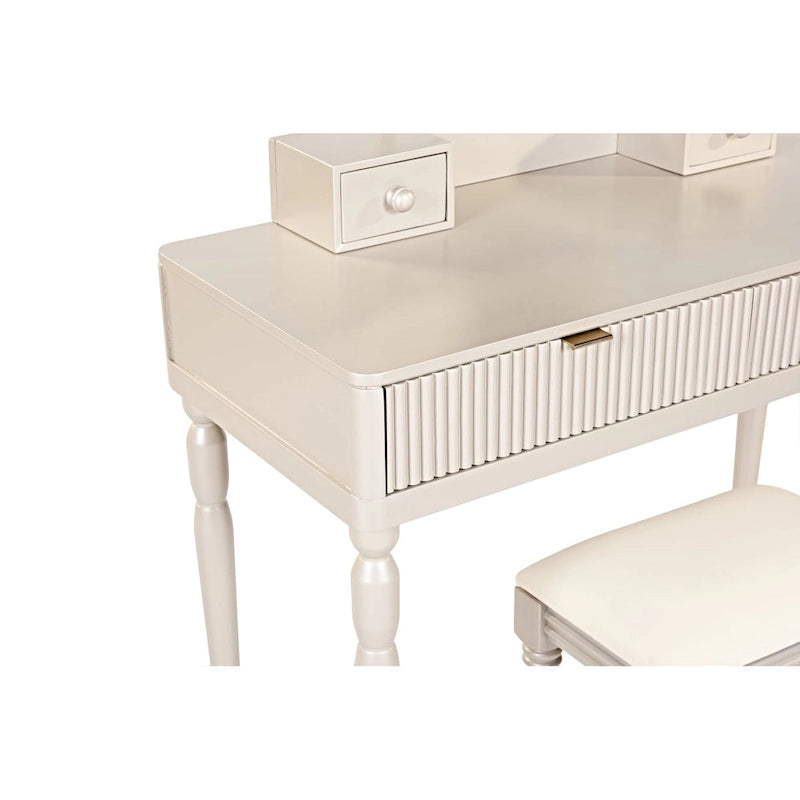 Coiffeuse de luxe avec miroir rond, réglable en hauteur, élégante, 4 tiroirs et tabouret.