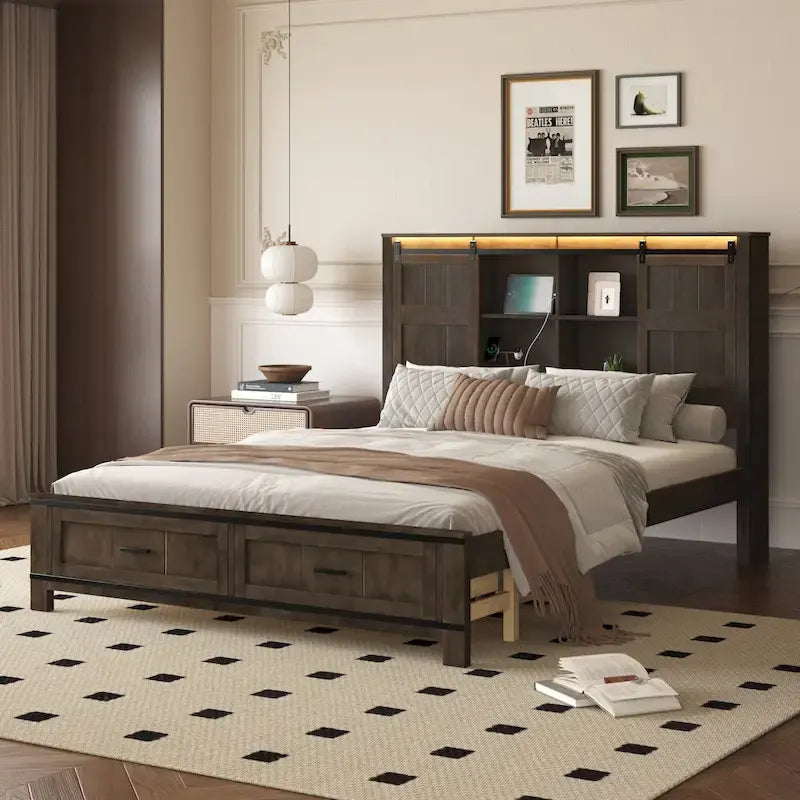 Lit plateforme en bois Queen avec 8 étagères, 2 tiroirs, design de porte de grange avec éclairage LED et port USB