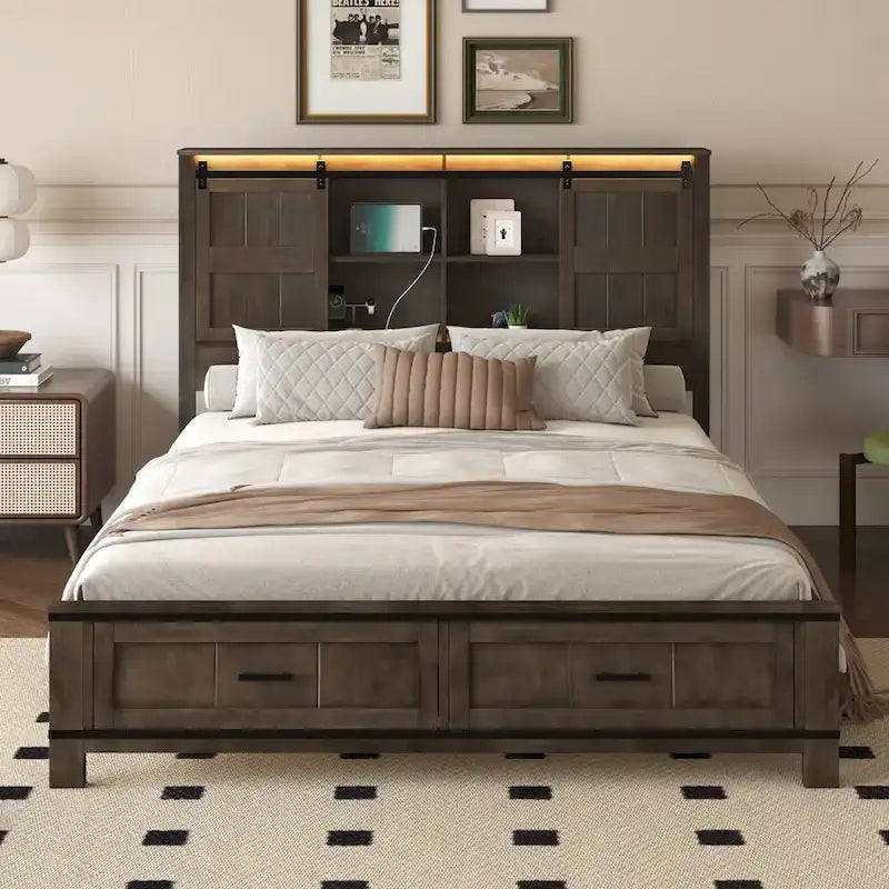 Lit plateforme en bois Queen avec 8 étagères, 2 tiroirs, design de porte de grange avec éclairage LED et port USB