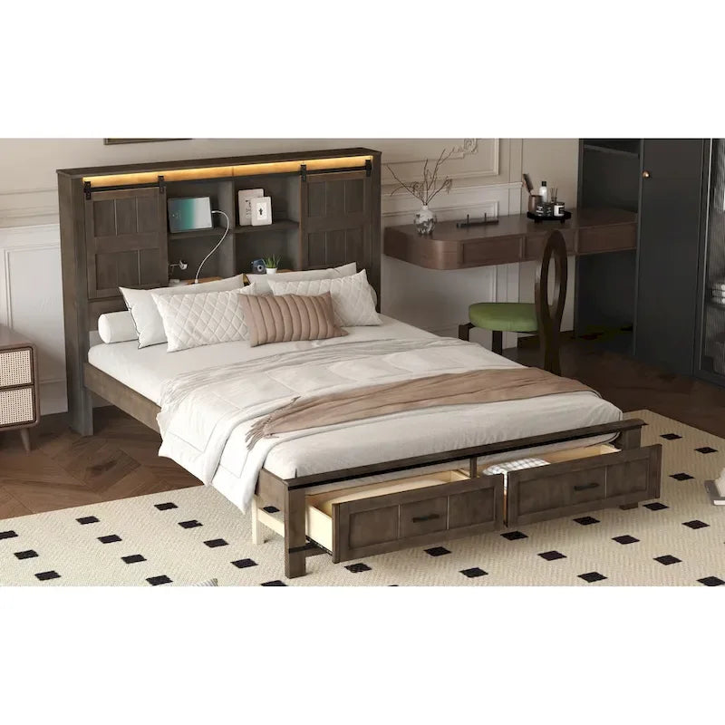 Lit plateforme en bois Queen avec 8 étagères, 2 tiroirs, design de porte de grange avec éclairage LED et port USB