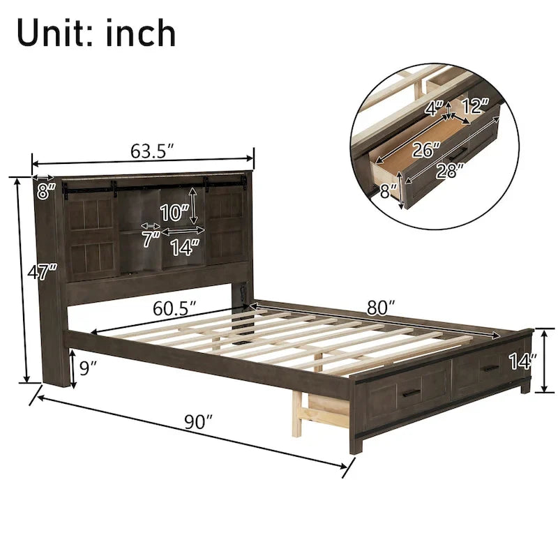Lit plateforme en bois Queen avec 8 étagères, 2 tiroirs, design de porte de grange avec éclairage LED et port USB