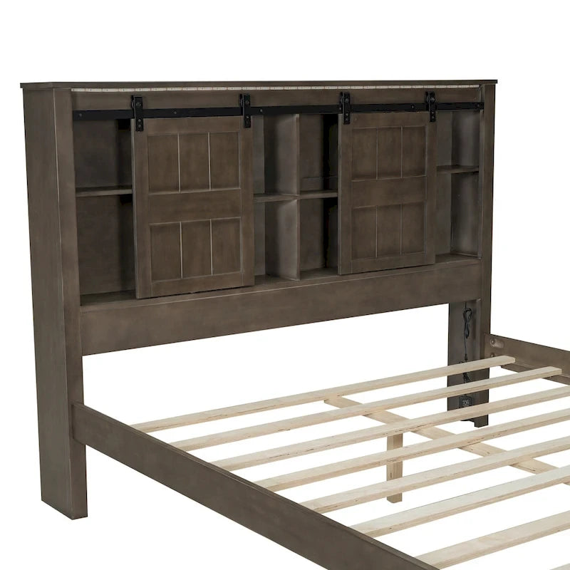 Lit plateforme en bois Queen avec 8 étagères, 2 tiroirs, design de porte de grange avec éclairage LED et port USB
