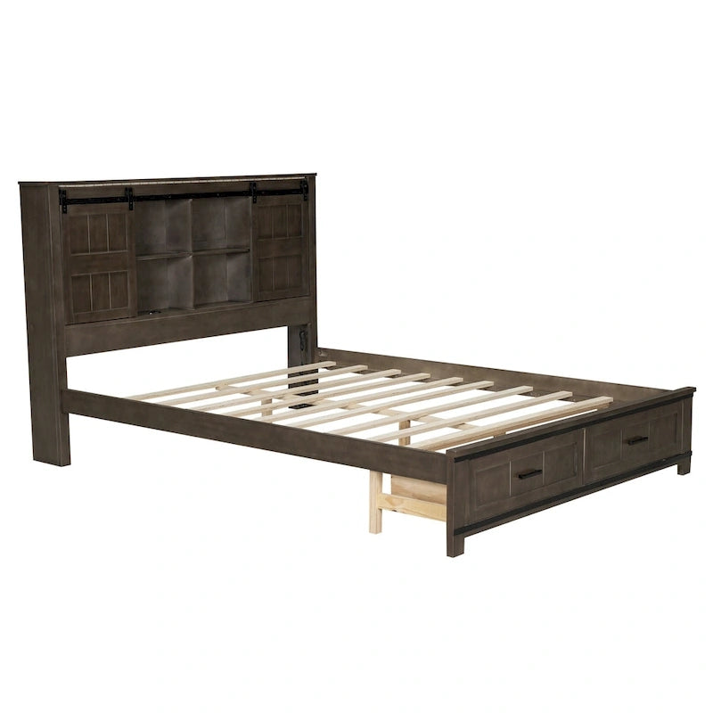Lit plateforme en bois Queen avec 8 étagères, 2 tiroirs, design de porte de grange avec éclairage LED et port USB