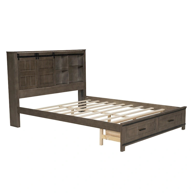 Lit plateforme en bois Queen avec 8 étagères, 2 tiroirs, design de porte de grange avec éclairage LED et port USB