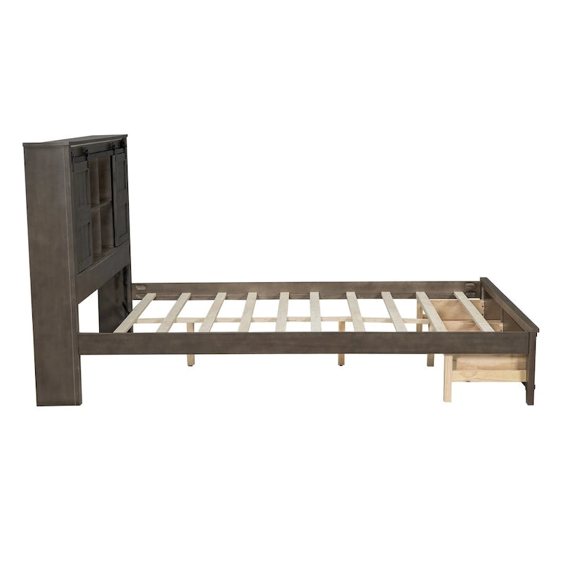 Lit plateforme en bois Queen avec 8 étagères, 2 tiroirs, design de porte de grange avec éclairage LED et port USB
