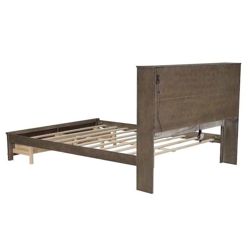 Lit plateforme en bois Queen avec 8 étagères, 2 tiroirs, design de porte de grange avec éclairage LED et port USB