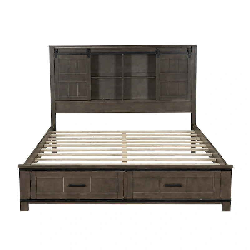 Lit plateforme en bois Queen avec 8 étagères, 2 tiroirs, design de porte de grange avec éclairage LED et port USB