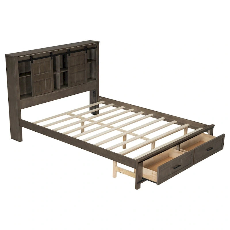 Lit plateforme en bois Queen avec 8 étagères, 2 tiroirs, design de porte de grange avec éclairage LED et port USB