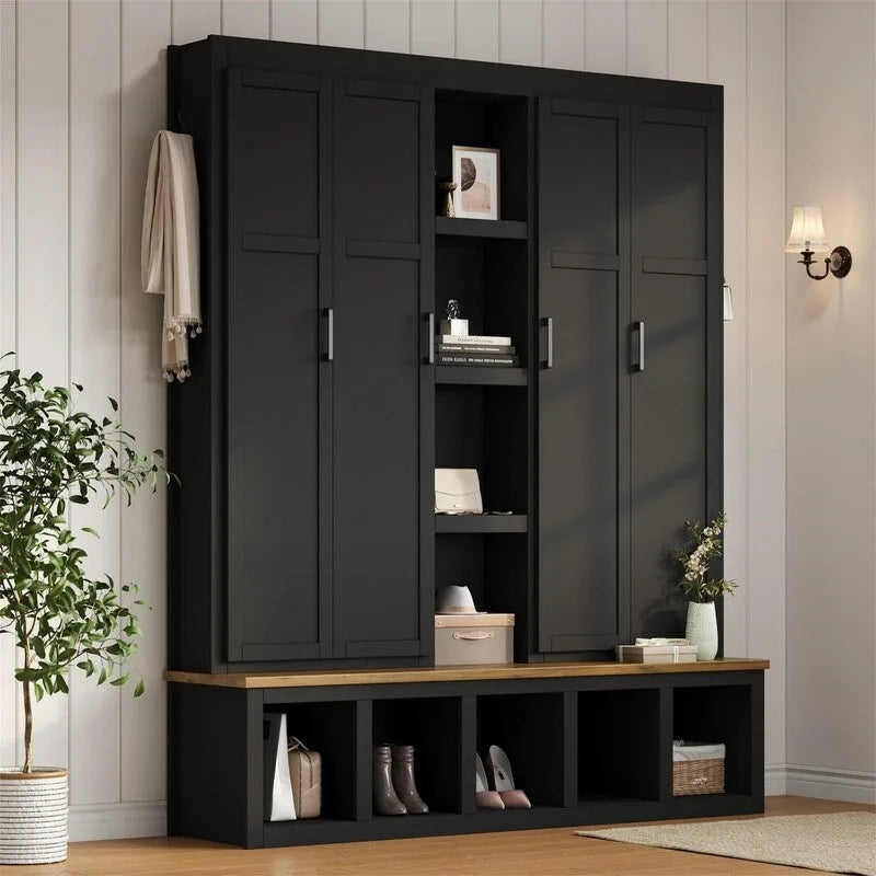 Meuble d'entrée 4 en 1 de style campagnard avec étagères ouvertes, banc à chaussures pour vestibule avec compartiments ouverts, porte-manteau d'entrée avec 6 crochets