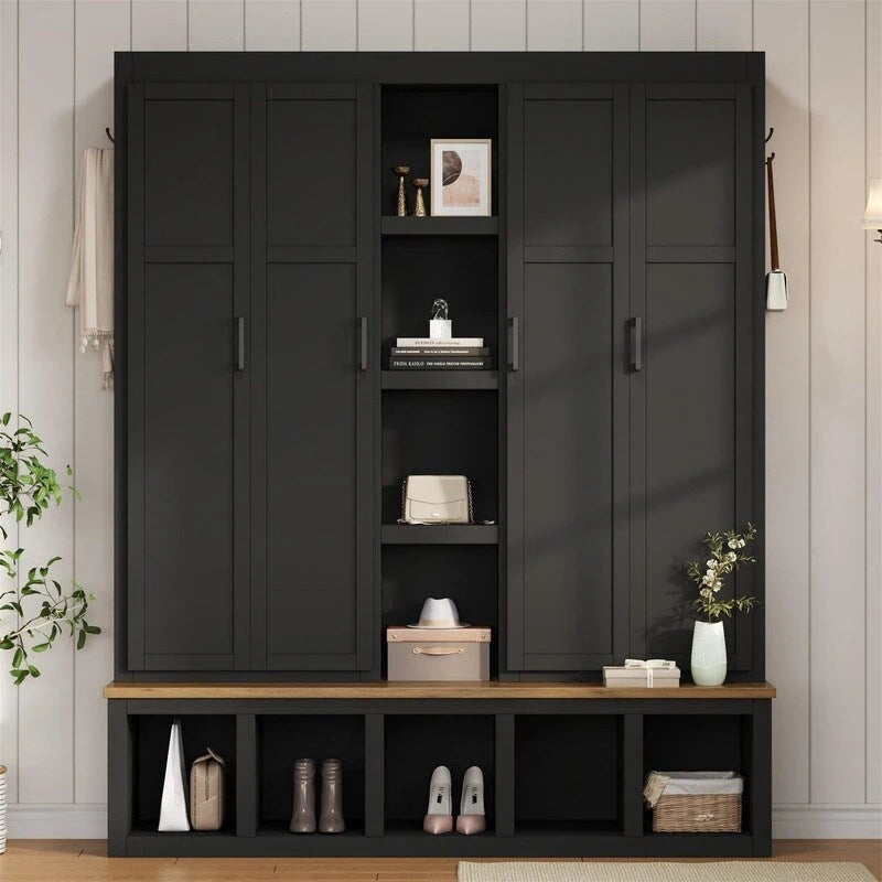 Meuble d'entrée 4 en 1 de style campagnard avec étagères ouvertes, banc à chaussures pour vestibule avec compartiments ouverts, porte-manteau d'entrée avec 6 crochets