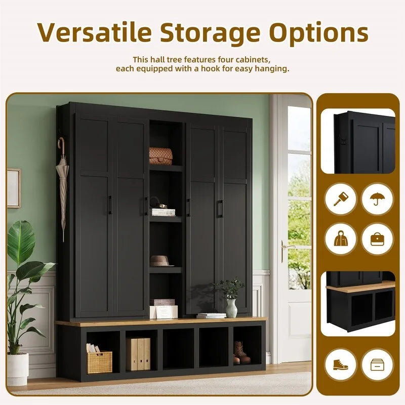 Meuble d'entrée 4 en 1 de style campagnard avec étagères ouvertes, banc à chaussures pour vestibule avec compartiments ouverts, porte-manteau d'entrée avec 6 crochets