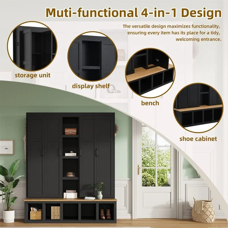 Meuble d'entrée 4 en 1 de style campagnard avec étagères ouvertes, banc à chaussures pour vestibule avec compartiments ouverts, porte-manteau d'entrée avec 6 crochets