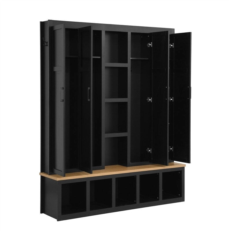 Meuble d'entrée 4 en 1 de style campagnard avec étagères ouvertes, banc à chaussures pour vestibule avec compartiments ouverts, porte-manteau d'entrée avec 6 crochets