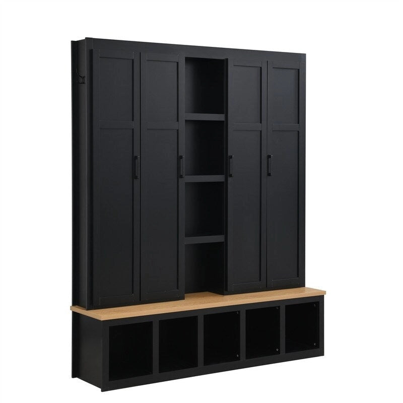 Meuble d'entrée 4 en 1 de style campagnard avec étagères ouvertes, banc à chaussures pour vestibule avec compartiments ouverts, porte-manteau d'entrée avec 6 crochets