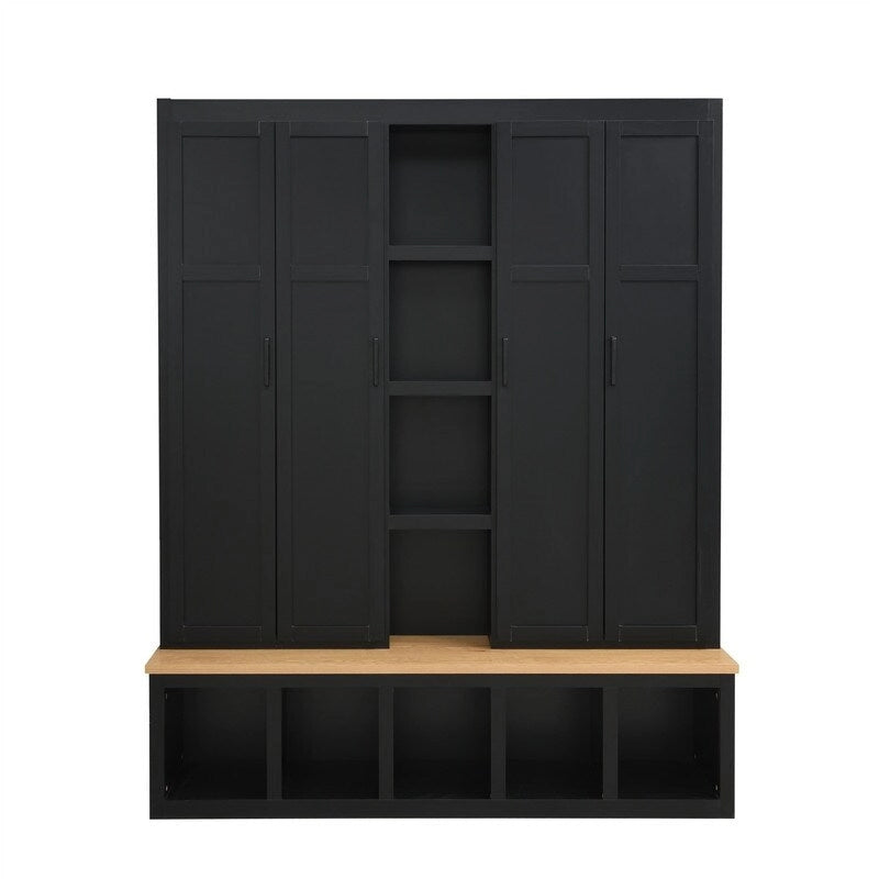 Meuble d'entrée 4 en 1 de style campagnard avec étagères ouvertes, banc à chaussures pour vestibule avec compartiments ouverts, porte-manteau d'entrée avec 6 crochets