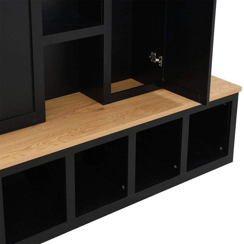 Meuble d'entrée 4 en 1 de style campagnard avec étagères ouvertes, banc à chaussures pour vestibule avec compartiments ouverts, porte-manteau d'entrée avec 6 crochets