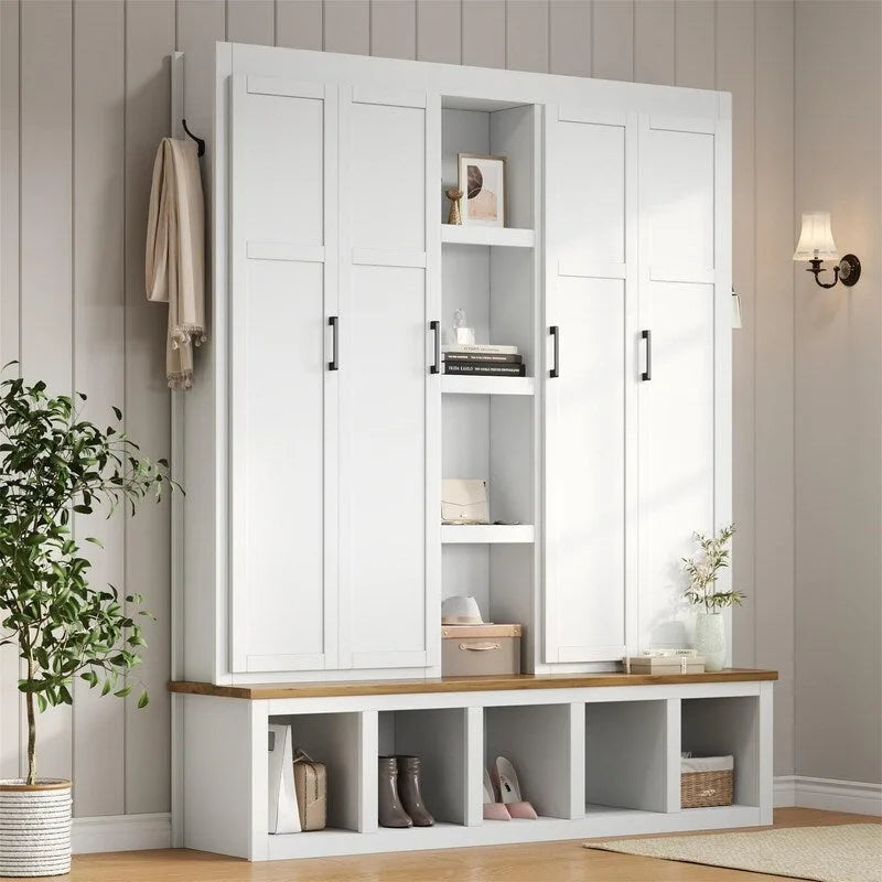 Meuble d'entrée 4 en 1 de style campagnard avec étagères ouvertes, banc à chaussures pour vestibule avec compartiments ouverts, porte-manteau d'entrée avec 6 crochets