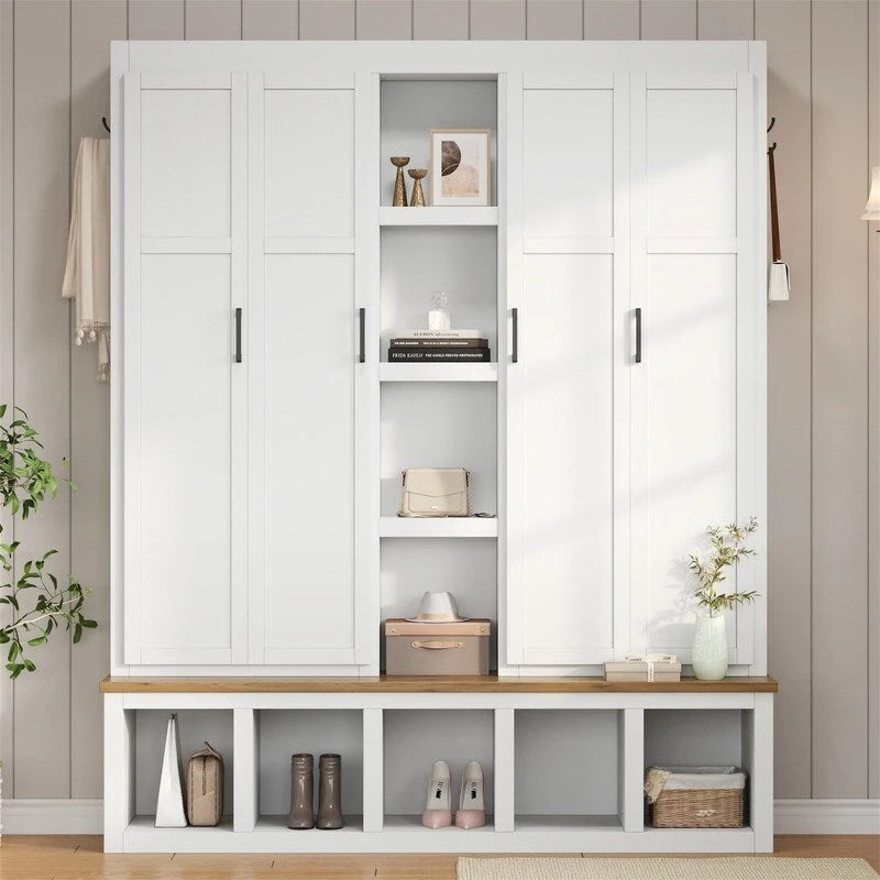 Meuble d'entrée 4 en 1 de style campagnard avec étagères ouvertes, banc à chaussures pour vestibule avec compartiments ouverts, porte-manteau d'entrée avec 6 crochets