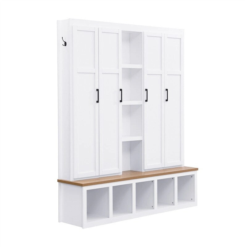 Meuble d'entrée 4 en 1 de style campagnard avec étagères ouvertes, banc à chaussures pour vestibule avec compartiments ouverts, porte-manteau d'entrée avec 6 crochets