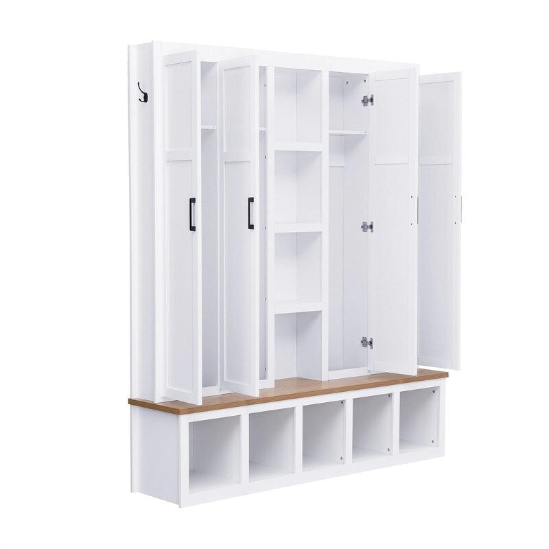 Meuble d'entrée 4 en 1 de style campagnard avec étagères ouvertes, banc à chaussures pour vestibule avec compartiments ouverts, porte-manteau d'entrée avec 6 crochets