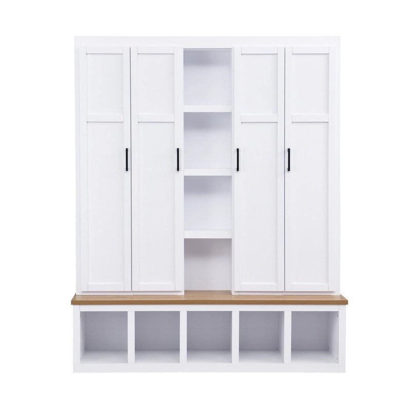 Meuble d'entrée 4 en 1 de style campagnard avec étagères ouvertes, banc à chaussures pour vestibule avec compartiments ouverts, porte-manteau d'entrée avec 6 crochets