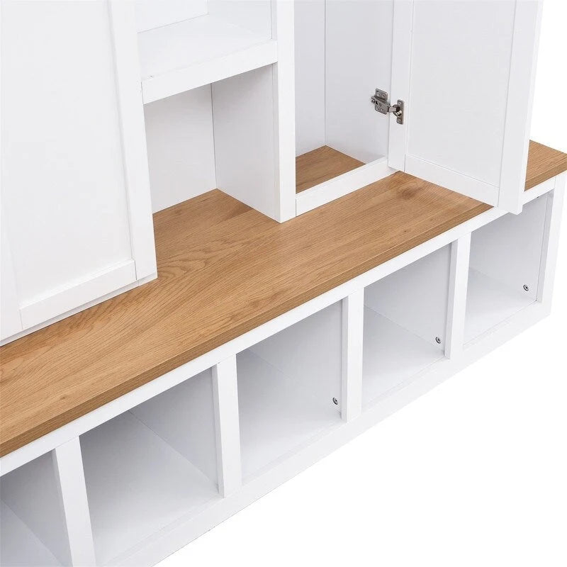 Meuble d'entrée 4 en 1 de style campagnard avec étagères ouvertes, banc à chaussures pour vestibule avec compartiments ouverts, porte-manteau d'entrée avec 6 crochets